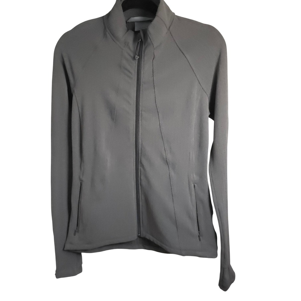 Athleta Gray Herringbone Full Zip Jacket Womens M Stretch Moto Style Zip Pockets